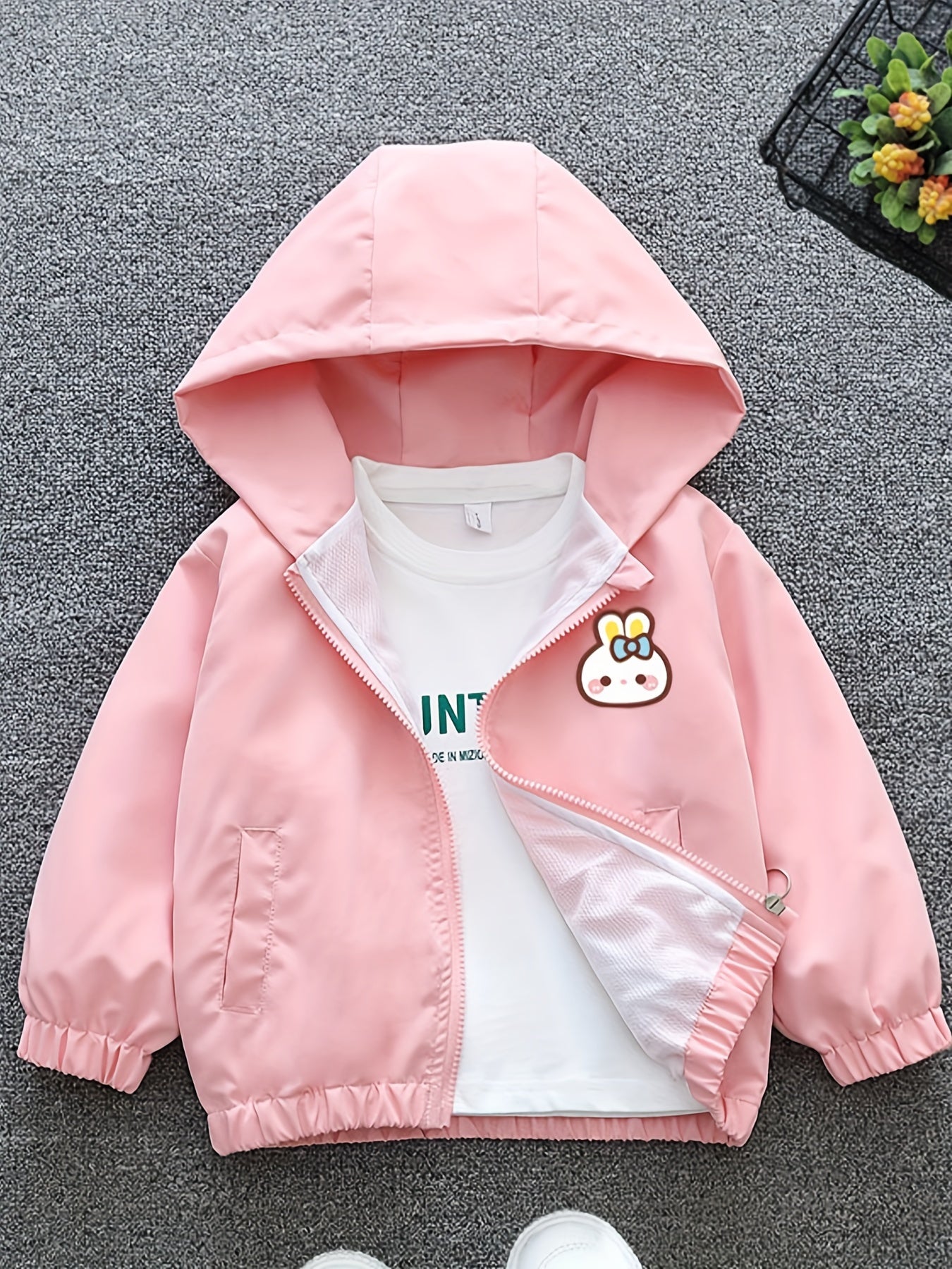 Adorable bunny print zip-up hooded windbreaker jacket for girls - great for street & casual outings.