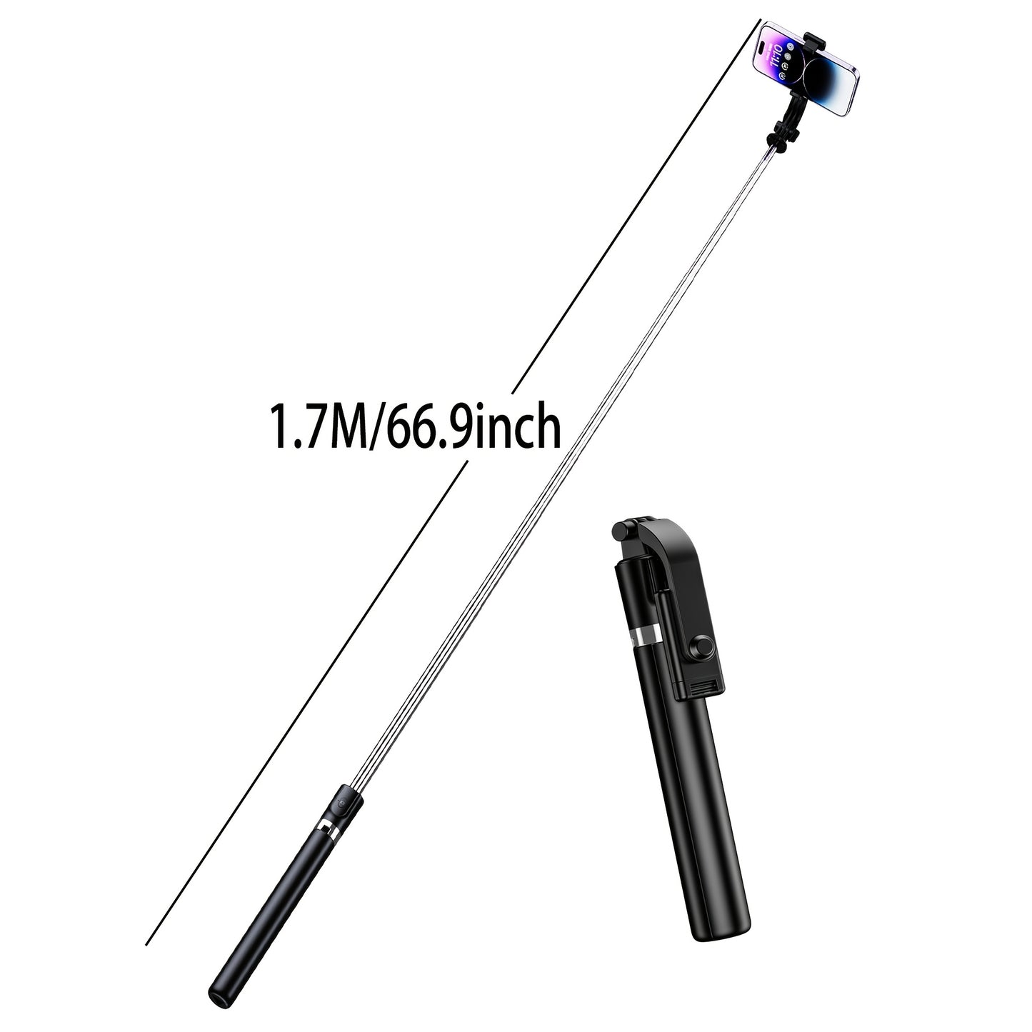 Extendable wireless selfie stick with remote, foldable phone tripod for smartphones with non-rechargeable button battery.