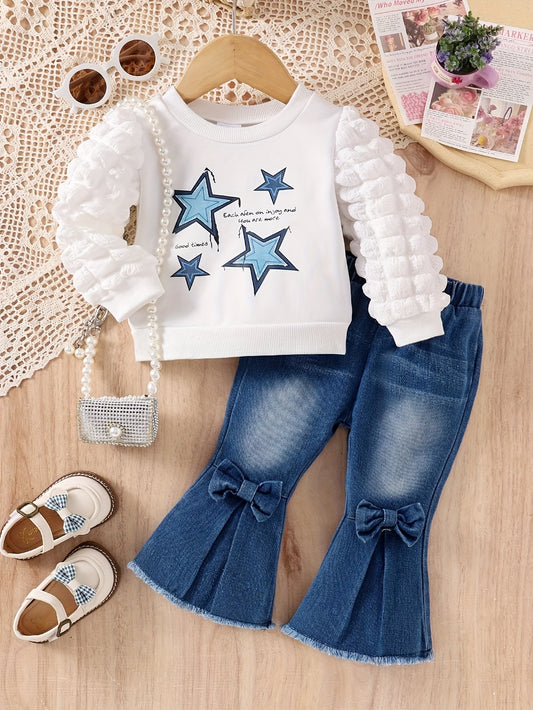 Girls' 2 piece outfit set with cartoon star and letter print puff sleeve top, bowknot, and bell bottom jeans - Ideal for Spring/Fall and outdoor activities.