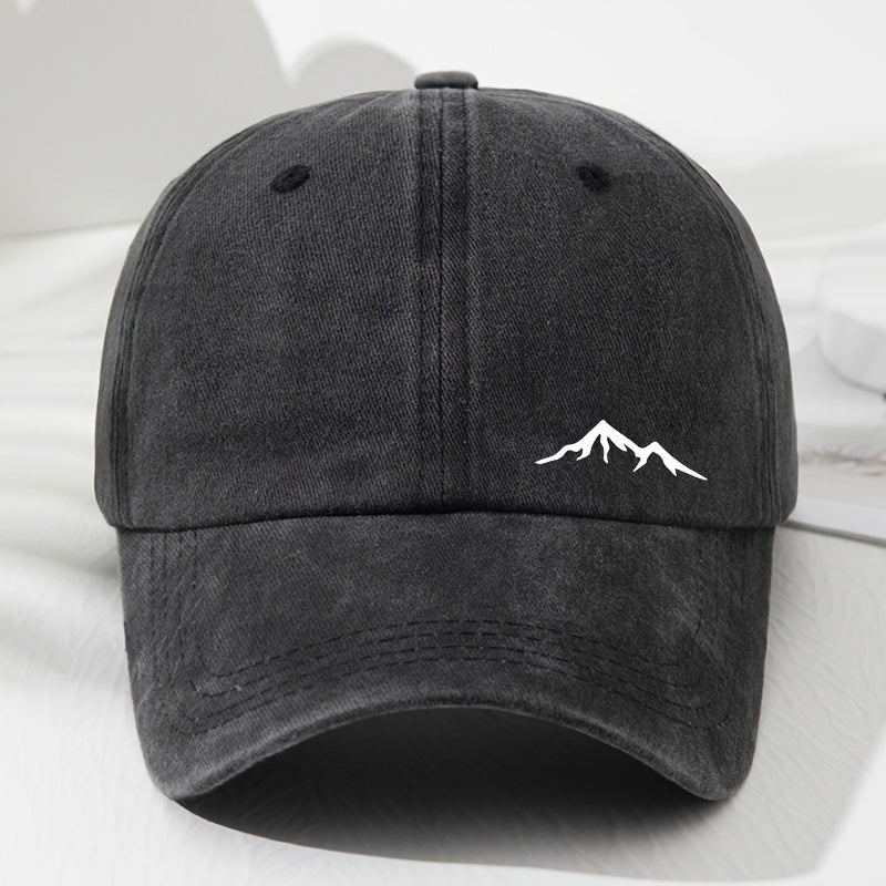 Retro baseball cap with mountain view print, soft top dad's hat, sun protection, ideal for sports, fishing, picnic, and camping.