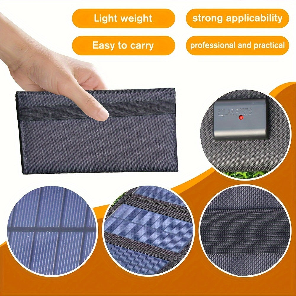 1x 35W Portable Solar Folding Charger Bag with USB 5V Output. Lightweight, foldable design for outdoor, camping, and emergency use. Compatible with all phones. Made of TPE material.