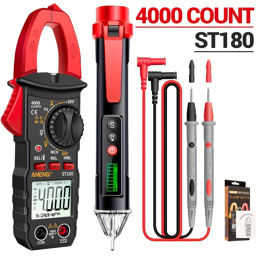 1 Set Clamp On Multimeter Ammeter Set with Measuring Pen, Flashlight, ST180 4000 Count, Buzzer, Measuring Current, Voltage, Capacitance, Resistance, NVC Detection, Diode Continuity, Duty