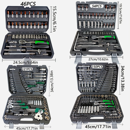 46/121/150/216pcs Steel Tool Set for Home, Garage, Car, Motorcycle, Bicycle. Uncharged, battery not included. Comes in 4 combinations, ideal gift for father.