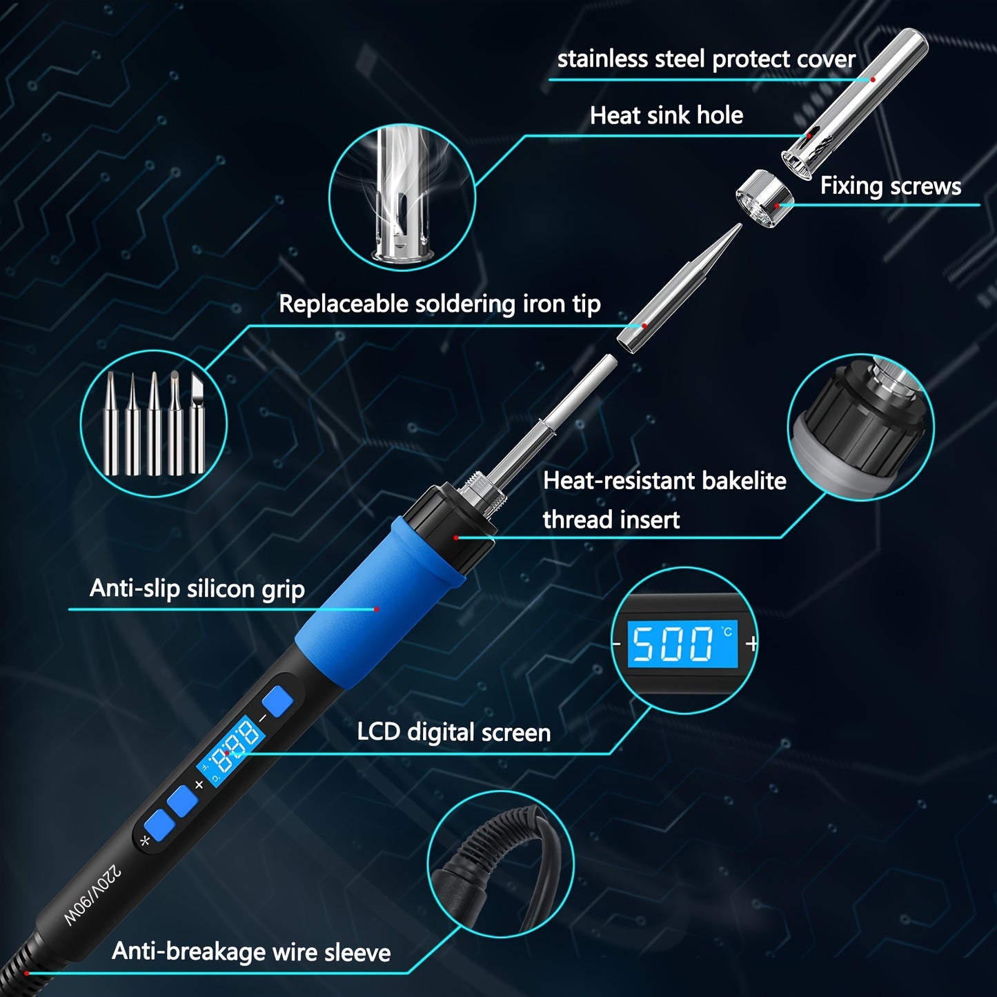 ILIBILIB 90W Smart Soldering Iron Kit with LCD Display, Adjustable Temperature, Rapid Heat, Non-Slip Grip, Ideal for DIY & Repairs, Blue