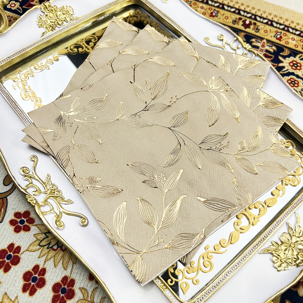 Set of 20 Golden Leaf Pattern Square Paper Placemats - Disposable Table Mats for Easter, Hanukkah, Thanksgiving, Father's & Mother's Day - 33.02x33.02 cm - Machine-Made