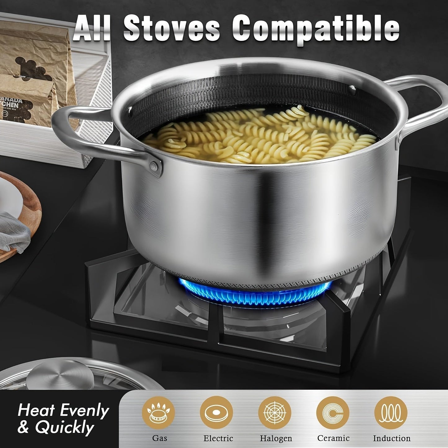 A 6-quart Stainless Steel Soup Pot with a Hybrid Non-stick Coating and Glass Lid, featuring a Honeycomb Carved Design for Induction Cooking. This versatile Soup Pot is compatible with all stoves, non-toxic, and safe for use in the dishwasher and oven.