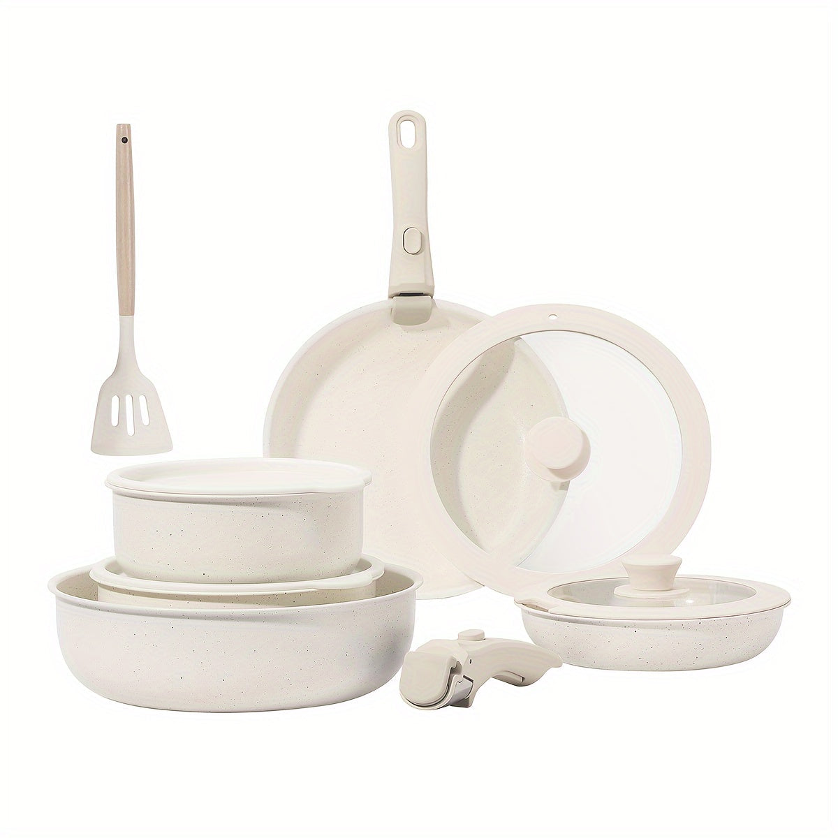 Set of 5/12 pieces Ceramic Nonstick Cookware with Removable Handles, suitable for Induction Cooking. This Kitchen Set is Stain & Scratch-resistant, Dishwasher and Oven safe, and is free from PFAS and PFOA chemicals. Available in Cream White color.