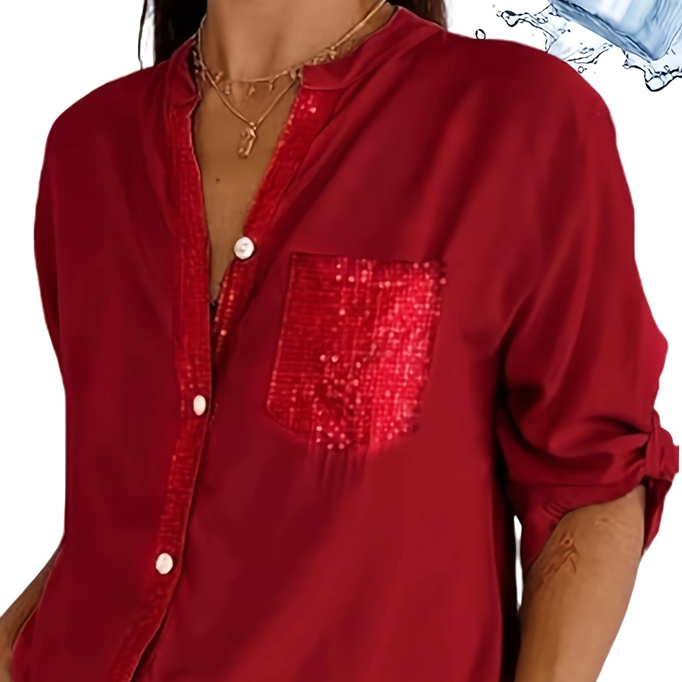 Women's Long-Sleeve Button-Up Shirt with Patch Pockets, Ideal for All Seasons, Designed for Casual Elegance.