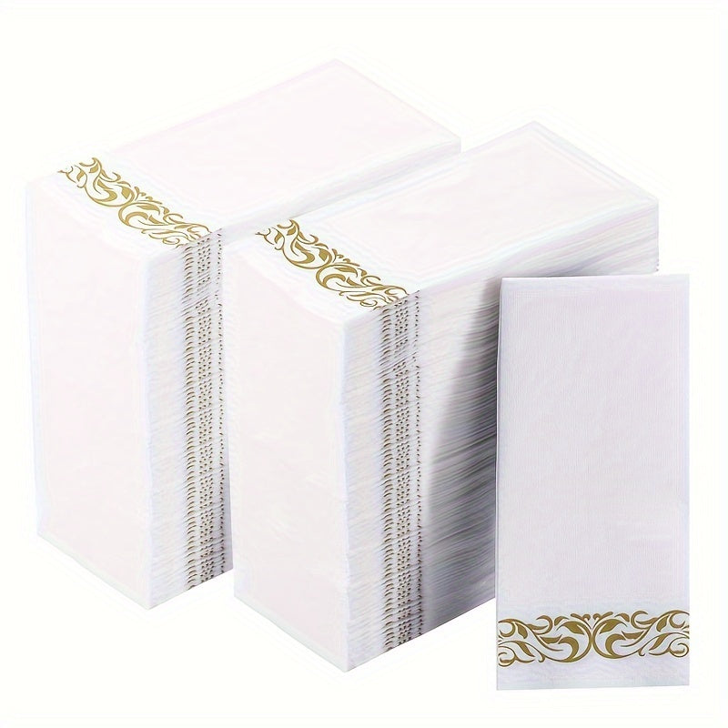 A pack of 150 disposable guest towels featuring a linen-like design, perfect for the kitchen, parties, weddings, banquets, or as decorative hand towels in bathrooms. Each box contains 3 packs, with 50 towels in each pack, for a total of 150 towels.