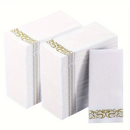 A pack of 150 disposable guest towels featuring a linen-like design, perfect for the kitchen, parties, weddings, banquets, or as decorative hand towels in bathrooms. Each box contains 3 packs, with 50 towels in each pack, for a total of 150 towels.