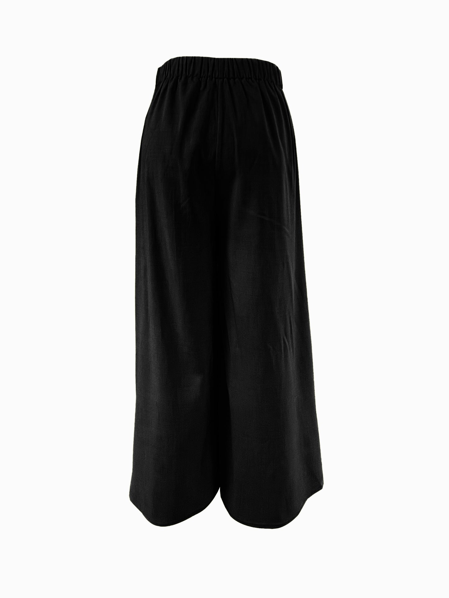 Wide-legged pants with a tie front, high waist, and a relaxed fit for women.