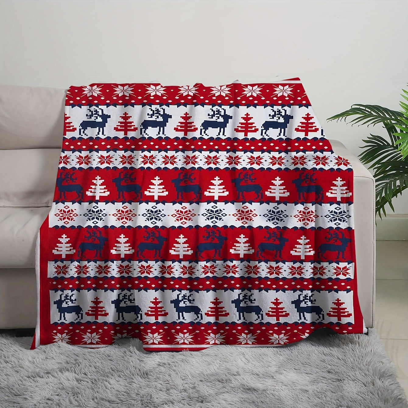 Contemporary Digital Printed Flannel Fleece Throw Blanket featuring Red Reindeer Wildlife Design, Suitable for All Seasons, Reversible, Easy to Machine Wash, Ideal for Sofa and Bed Use, Made with 250-300g Polyester Cover and Polyester Lining