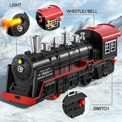 Vintage Electric Train Track Set for kids - Classic Steam Locomotive with Lights & Sounds, Red & Black, ABS Resin, Perfect for Imaginative Play.