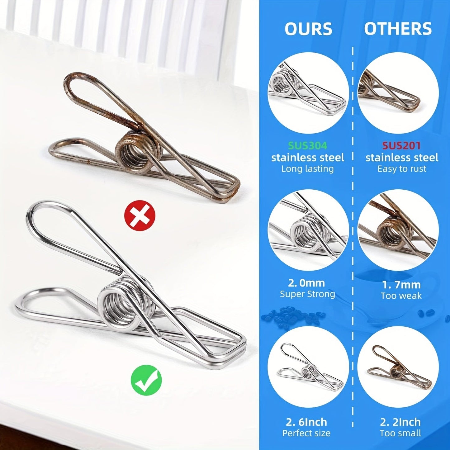 20 pieces of high-quality heavy-duty clothes pins made of stainless steel for hanging clothes, perfect for laundry use. These metal clothes clips are durable and strong, making them ideal clothes pegs.