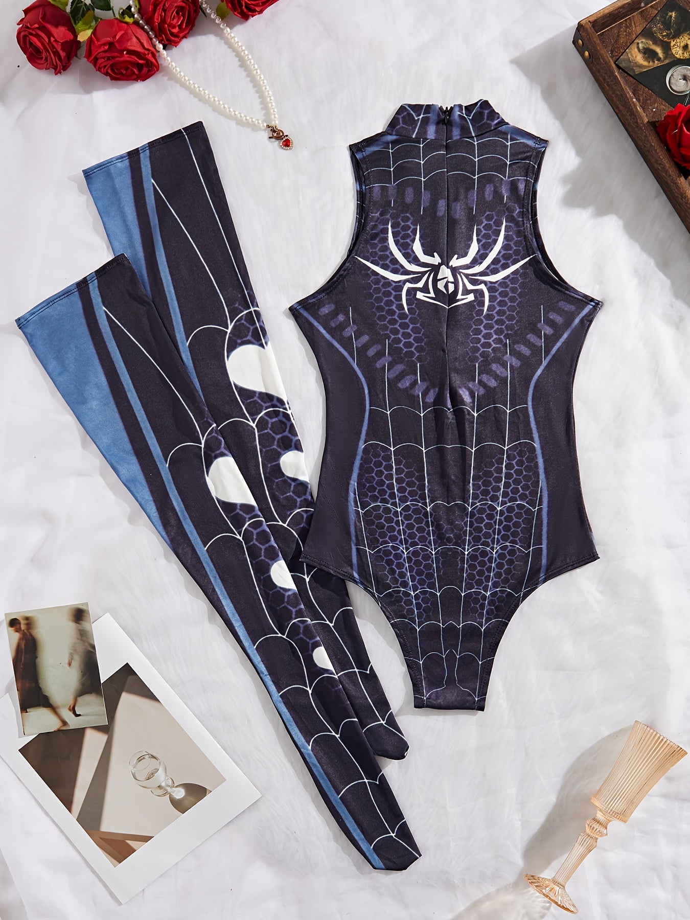 Spider-themed cosplay outfit for women includes turtleneck bodysuit, stockings, and lingerie.