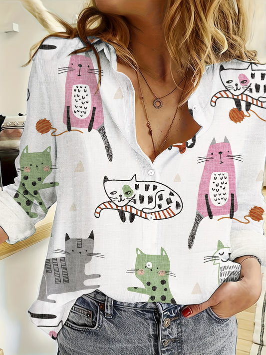 Spring and summer women's fashion long-sleeve casual shirt featuring cat and fish print.