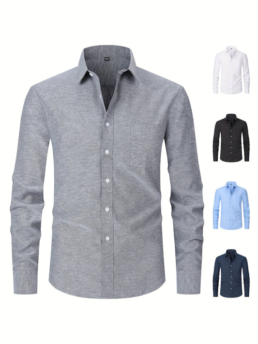 Men's loose fit cotton blend oxford dress shirt with long sleeves, single-breasted placket, mature lapel collar, solid color, and front pocket detail, perfect for spring and fall seasons.