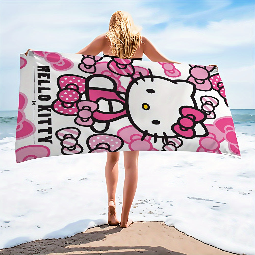 Hello Kitty microfiber beach towel with cartoon theme, hand wash only, quick dry and absorbent, Hello Kitty pattern, 250gsm.