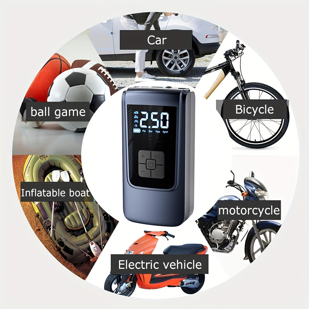 Durable and portable cordless air pump inflates tires up to 150PSI. It is rechargeable via USB and suitable for cars, motorcycles, bicycles, and sports equipment.