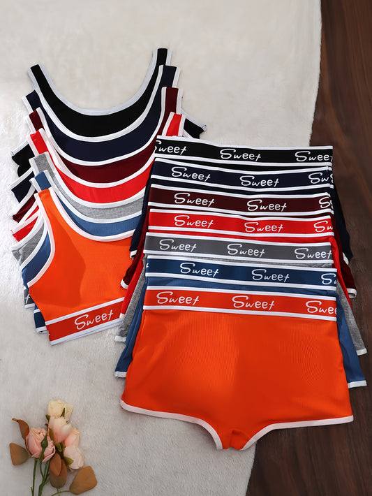 7-piece color block letter print tank bra and panties lingerie set for women.