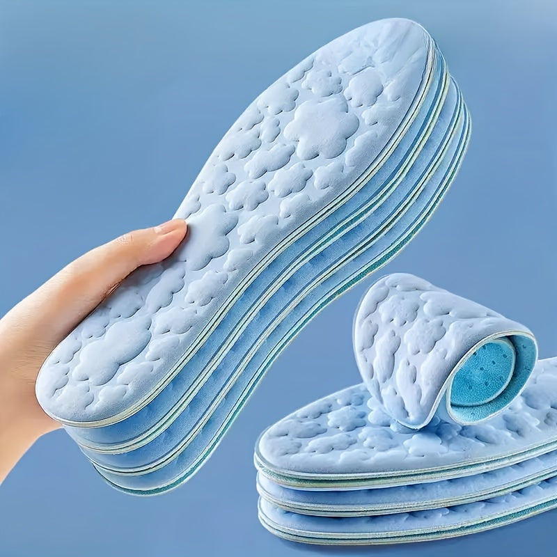 Memory foam insoles with arch support and shock absorption for high heels and sneakers, providing all-day comfort.