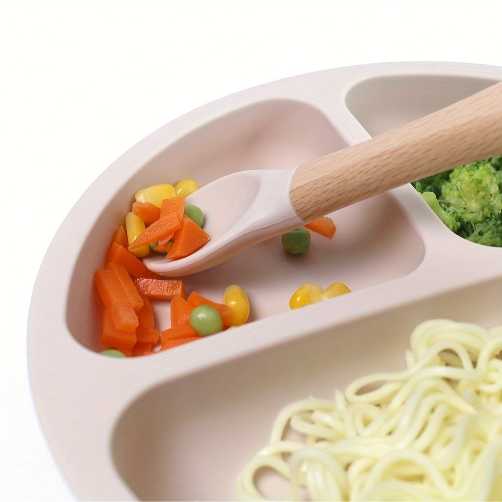 6-piece silicone feeding set with strong suction includes divided plate, wooden spoon and fork, microwave safe - great for self-feeding.