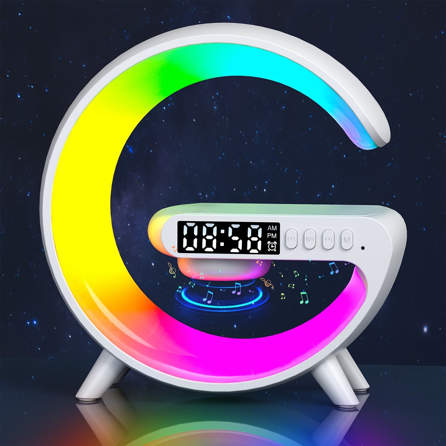 Kouzone Wireless Sunrise Alarm Clock with Wireless Speaker, RGB Ambient Light, Fast Charging, Rechargeable Battery, USB/Battery Dual Power Mode, Button Control, Audio Output - Ideal for