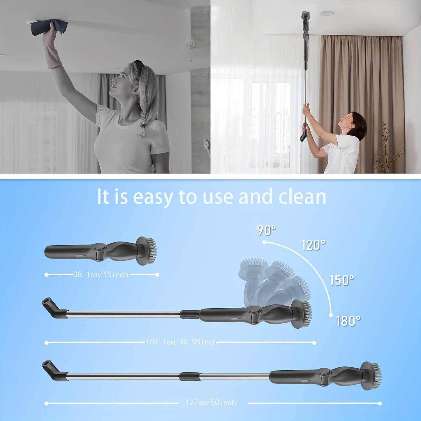 Great for cleaning tiles, bathrooms, floors, and showers, this rechargeable cordless electric spin scrubber comes with an extendable arm and interchangeable heads.