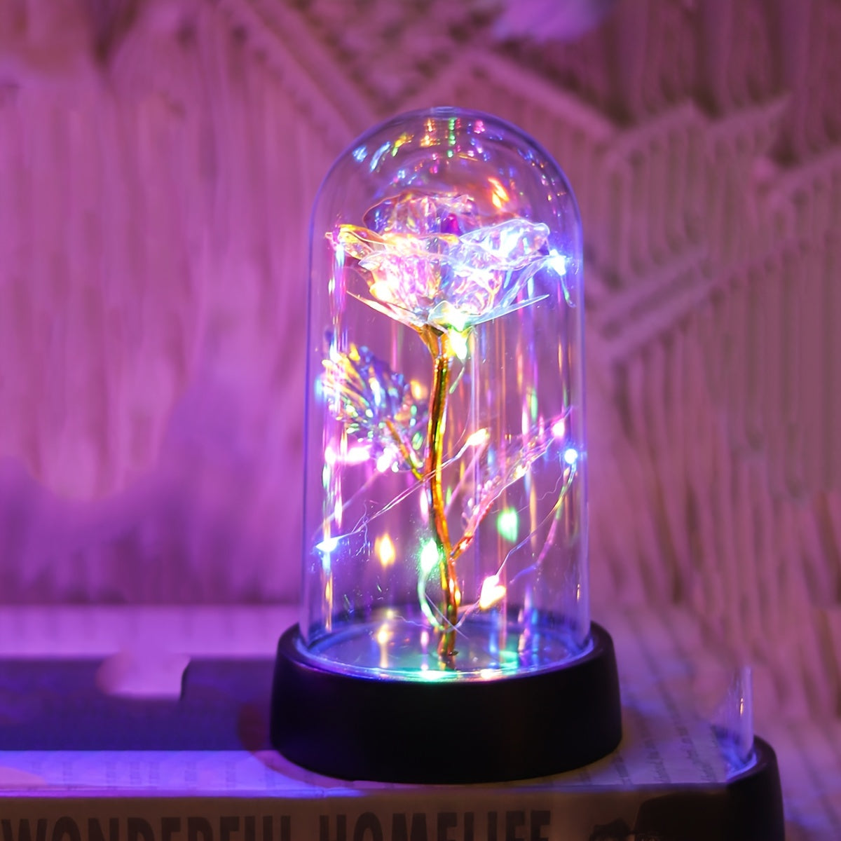 Battery-operated LED flower night light with rose pattern, plastic shade, non-rechargeable button batteries. Perfect for bedroom decor or romantic gifts.