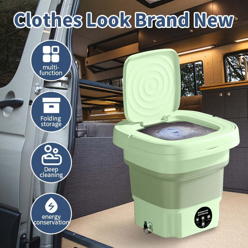 Compact MOMMED portable washing machine for RV with foldable design and hidden handle. European standard plug, suitable for indoor and outdoor use. 110V-240V compatibility, no energy