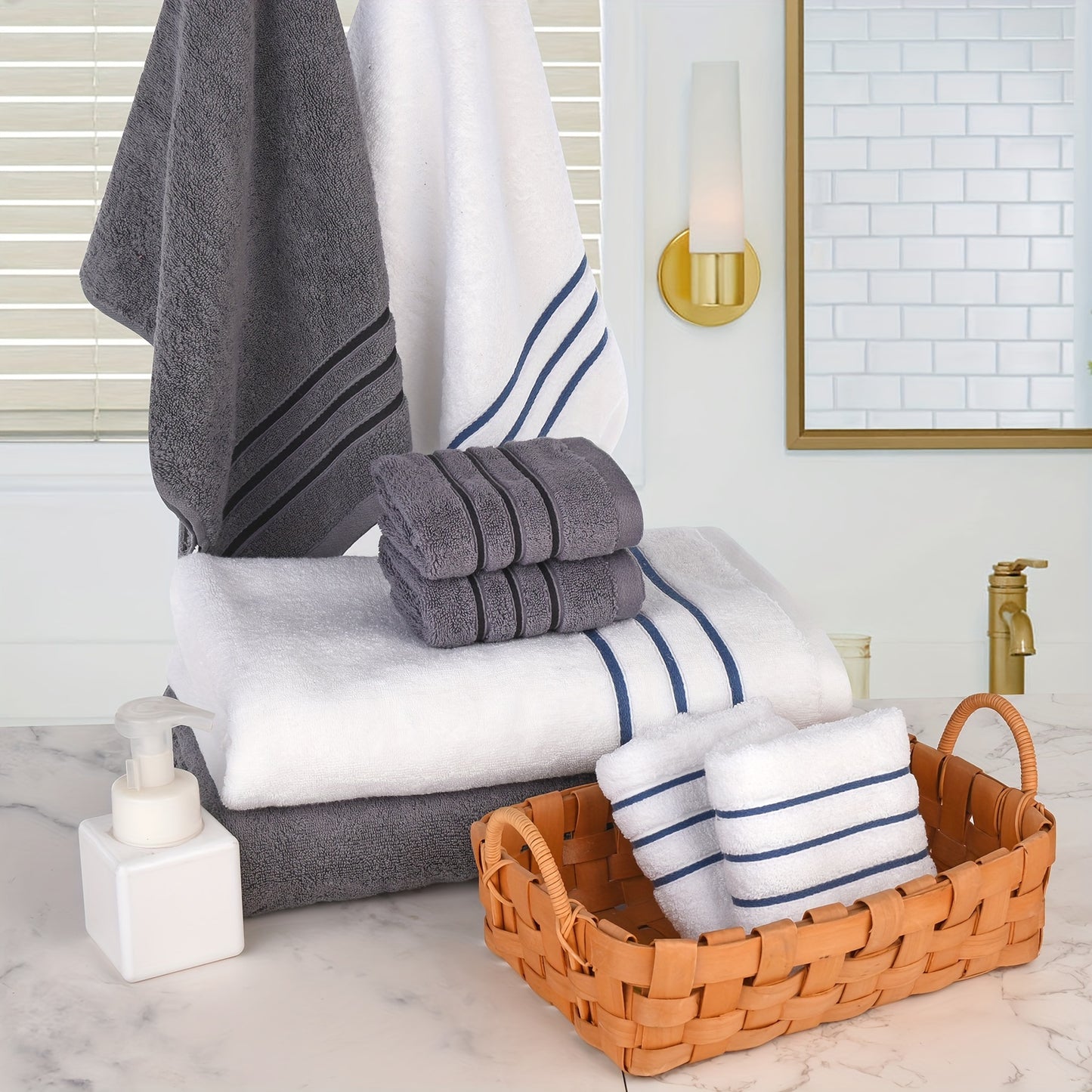 A set of 8 soft, premium cotton towels in various sizes, quick drying and fluffy, in multicolor. Includes 2 bath towels, 2 hand towels, and 4 washcloths. Perfect bathroom accessories.