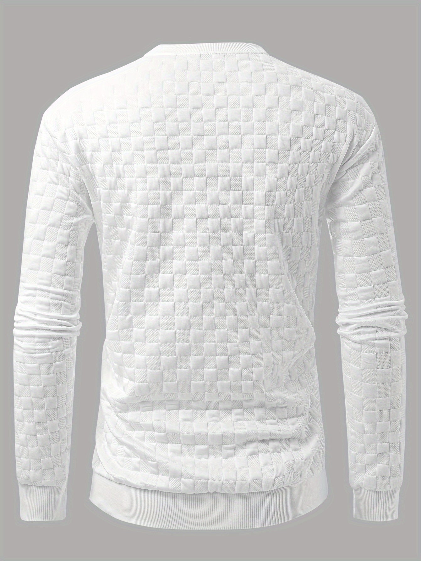 Classic men's crew neck sweatshirt with knit texture and checkered design, contrast embroidery, breathable cotton, casual style, regular fit, ideal for daily wear and commuting, available