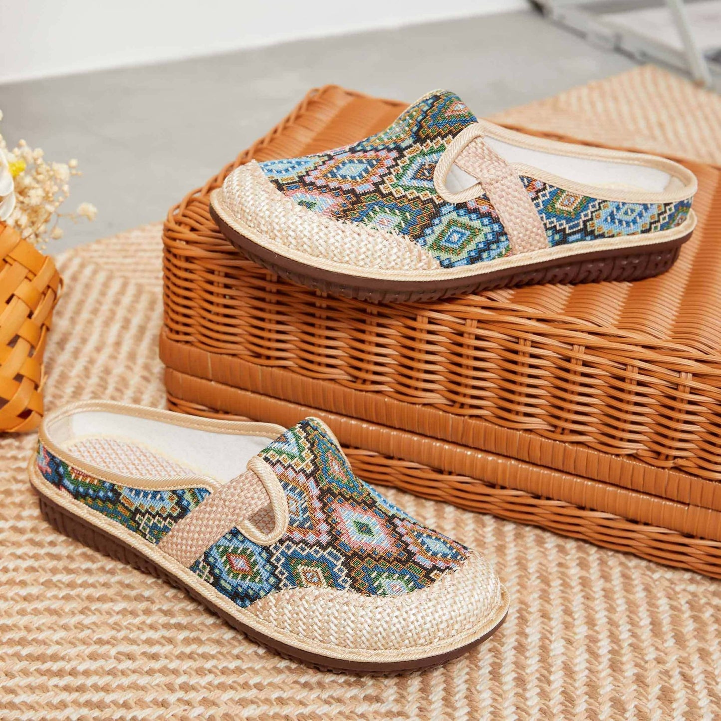 Colorful geometric print mules for women, comfortable for daily wear.