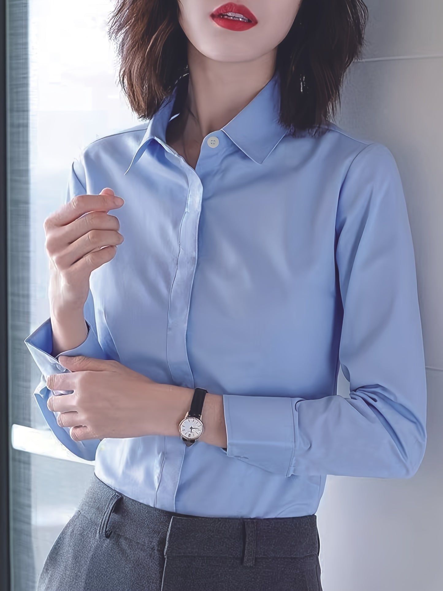 Women's white long sleeve shirt - perfect for career interviews and work; versatile for spring and autumn fashion.