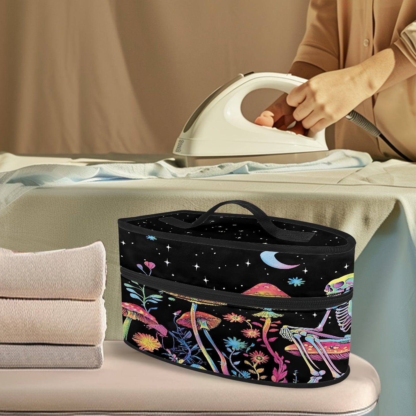 Travel in style with this Portable Ironing Bag featuring a unique Mushroom Skull print. This bag is equipped with a dual zipper and top handle for easy carrying. Made of dust-proof polyester, it is ideal for storing or transporting your clothes