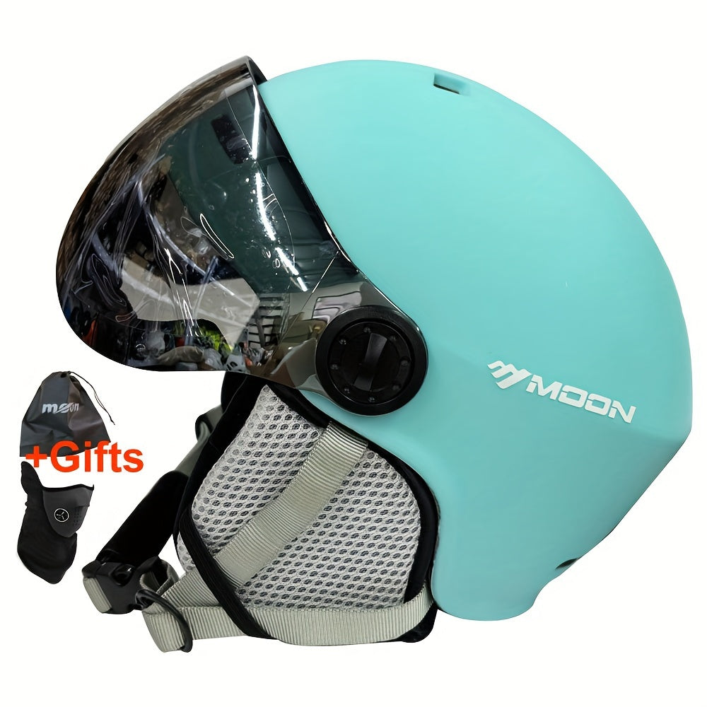 Moon Ski Helmet with Goggles offers all-around protection for outdoor sports like snowboarding and skateboarding. Features include a PC+EPS construction, universal fit, integrated visor