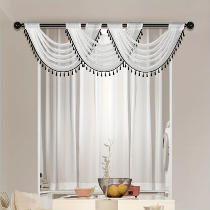 Fashionable Sheer Wave Curtain Valance with Tassels Edge - Light-Transmitting, Rod Pocket Design - Ideal for Living Room, Bedroom, or Kitchen Decor - Measures 30x24 Inches