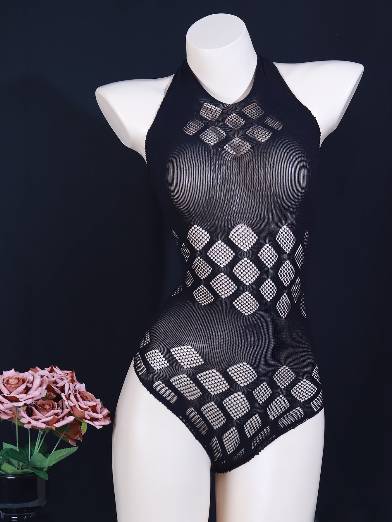 Sexy geometric-pattern knit bodysuit for women, high support, hollow detail, sleeveless diamond halter, adult size, no padding, polyamide fabric, intimate apparel.