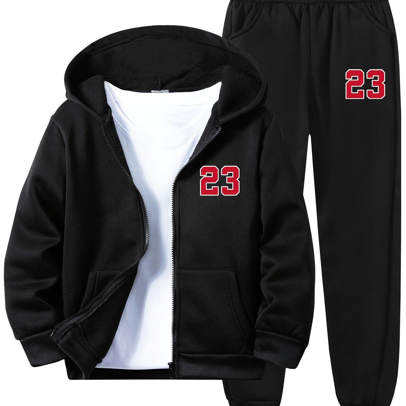 Kids' 23-Numbered Hoodie and Pants Set - Casual Zip-Up Sweatshirt and Joggers Combo in Knit Polyester, Perfect for Daily Outdoor Activities