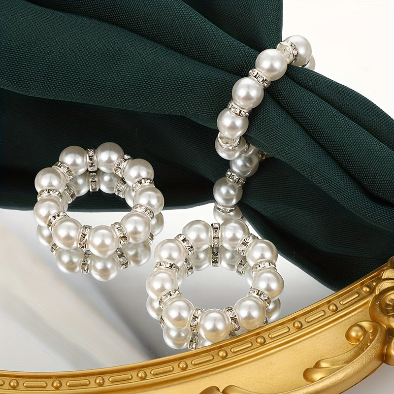 12 elegant pearl napkin rings for weddings, banquets, and home decor, handcrafted with a beaded, stretchable design.