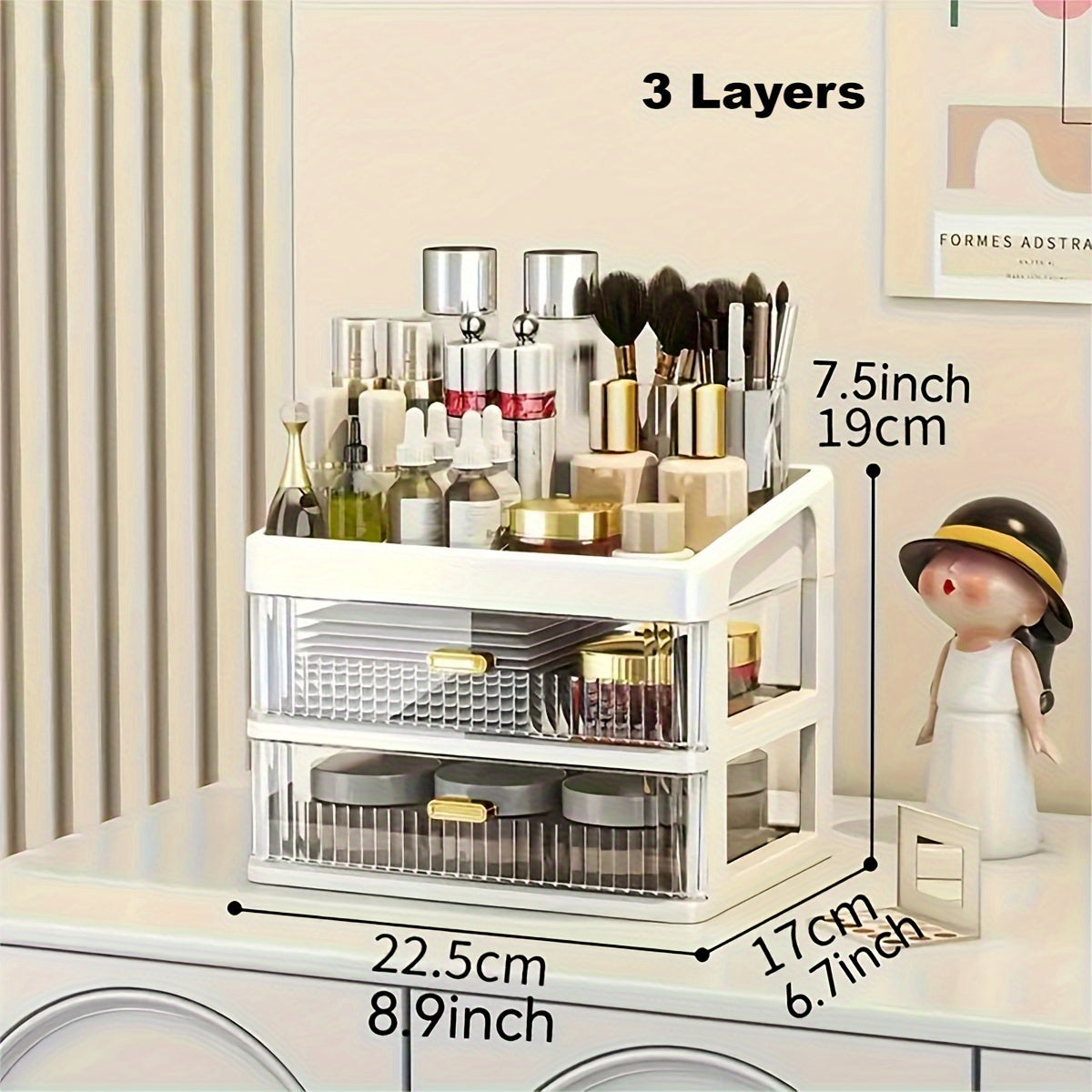 Large makeup organizer with drawer for vanity, dresser, bathroom, and countertop storing cosmetics, perfume, skincare, and toiletries.