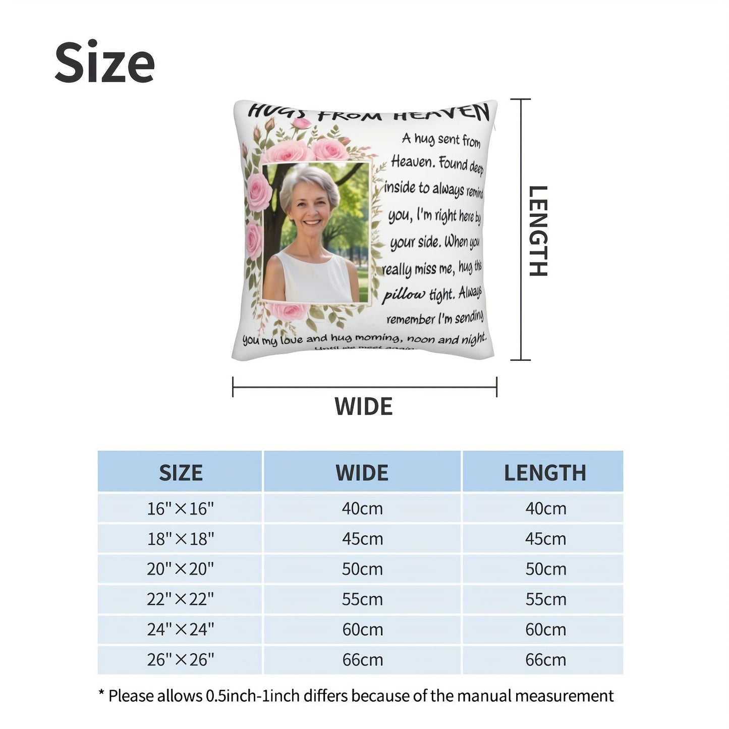 Give a Hug from Heaven with Our Customized Personalized Pillow - Featuring Pink Roses, Your Favorite Photo, and Personalized Cover - A Touching Gift to Remember