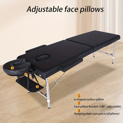 Foldable and portable adjustable height massage table with face pillow and suspension design, ideal for home, spa, and tattoo parlors.