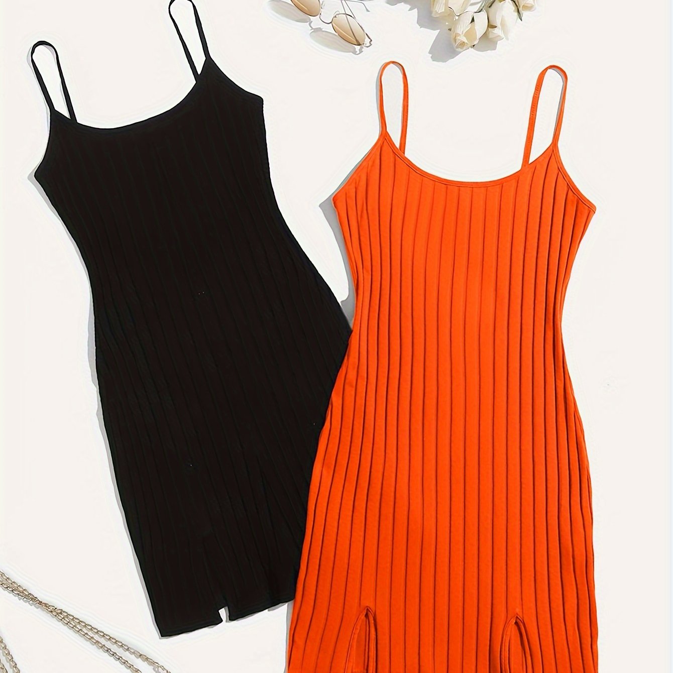 Two solid ribbed lounge dresses with a casual crew neck, split slip design for women's loungewear.