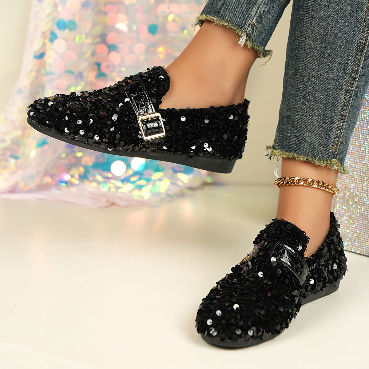 Women's sequin embellished Mary Jane flats with casual round toe slip-on design, all-season comfort, man-made upper & inner, rubber sole, fabric insole, perfect for carnival, Mardi Gras