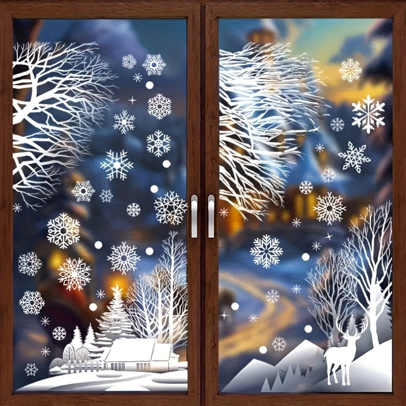 1 pack containing 2 static electric Christmas window grille stickers featuring a winter forest snow hut and snowflakes design. Made of plastic, these stickers are perfect for decorating during the Christmas and New Year holidays, adding a festive touch