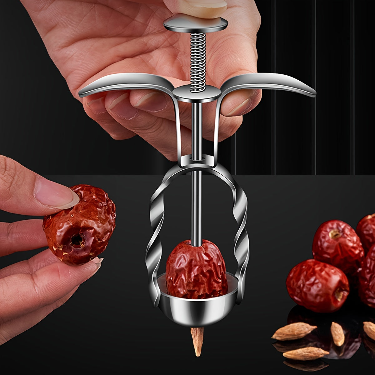 Professional grade kitchen accessory that is a durable fruit and vegetable seed remover. This stainless steel date pitter corer tool set is a multifunctional kitchen gadget perfect for jujube, cherry, and olive pitting. It is a handy pit extractor device