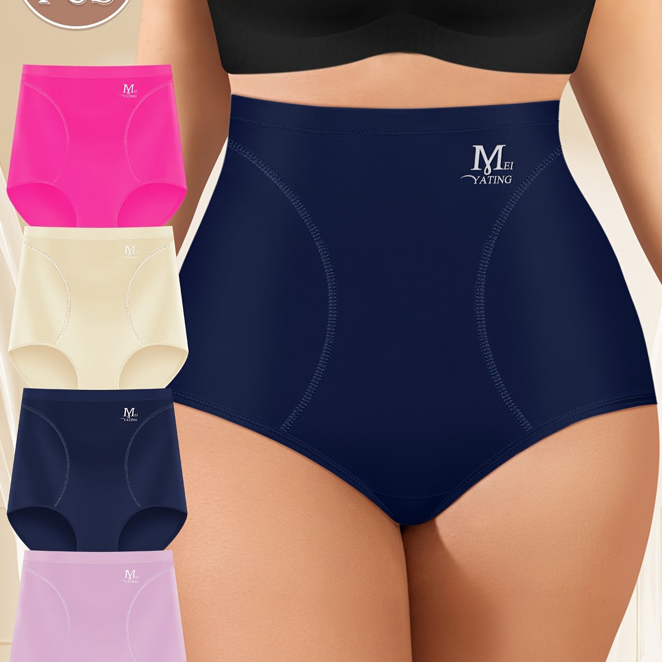 MEIYATING Elegant High-Waisted Briefs 4 Pack - 90% Polyester, 10% Elastane, Full Coverage Comfort Panties with Medium Stretch, Solid Color Design for Women