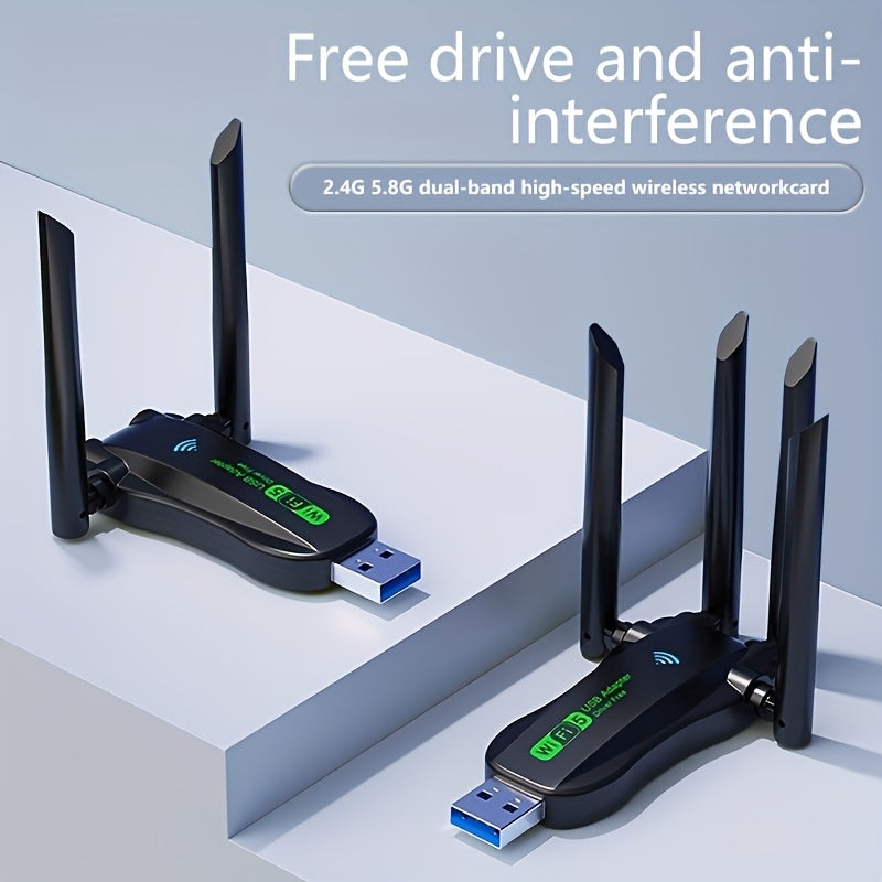 Dual-band 2.4G/5.8G Wifi adapter, 1300Mbps, USB interface, strong wall penetration, 4 antennas, high-speed internet, low latency, and reliable connectivity.