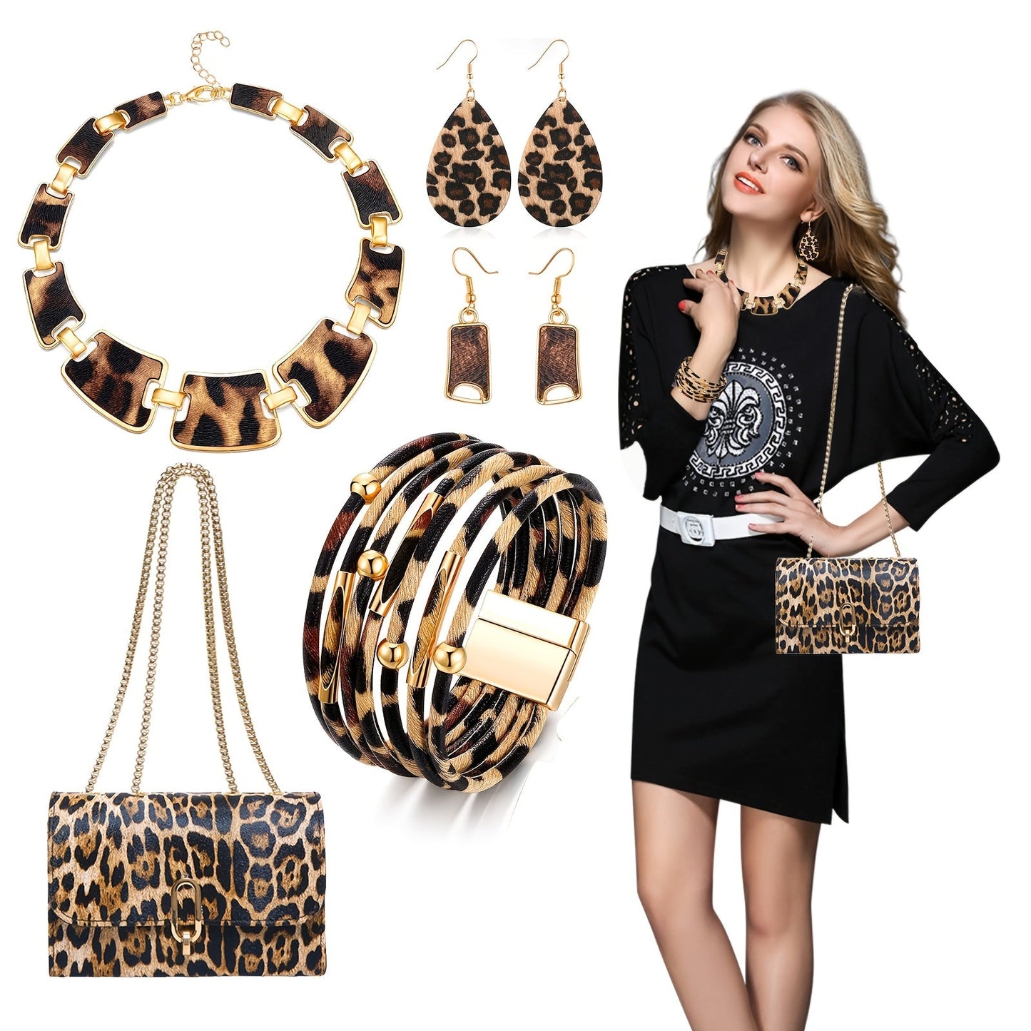 Set of 5 Leopard Print Jewelry Pieces for Women - Stylish Plastic Accessories with Tassel Necklace, Earrings, Bracelet, Clutch Purse - Perfect for Everyday and Travel Outfits